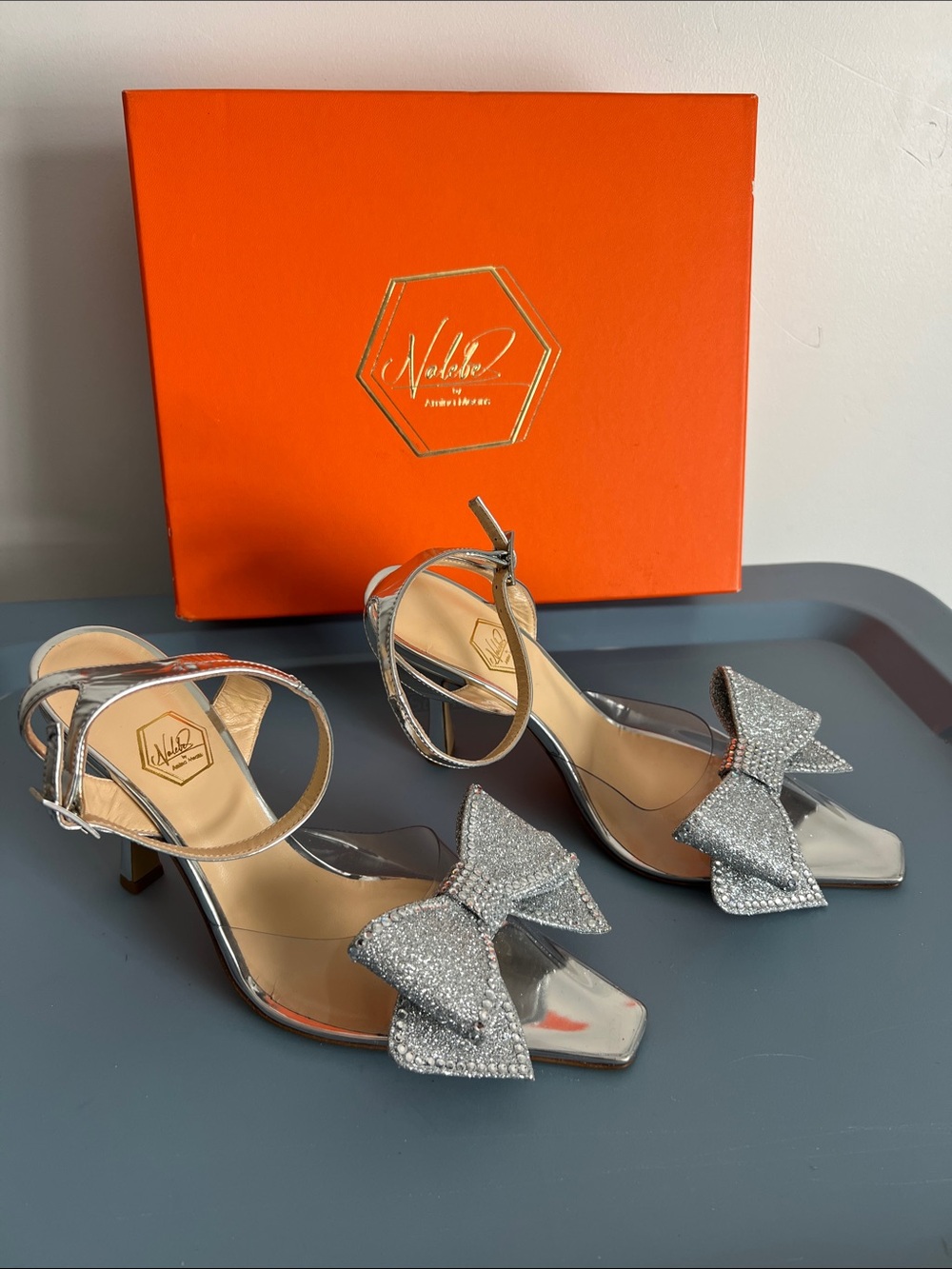 Nalebe by Amina Means dimante pump in PVC pointed toe heels silver sparkly 37